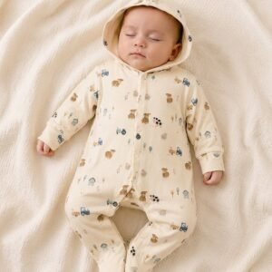 Cream Farm Print Hooded Jumpsuit