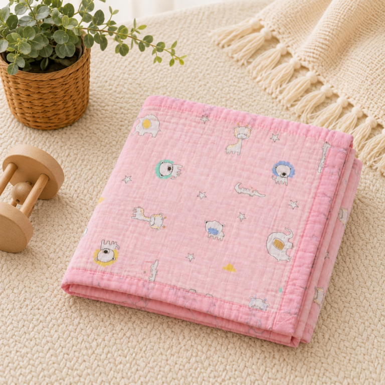 Premium 6-Layer Crinkled Muslin Blanket - Animal Friends (Pink)