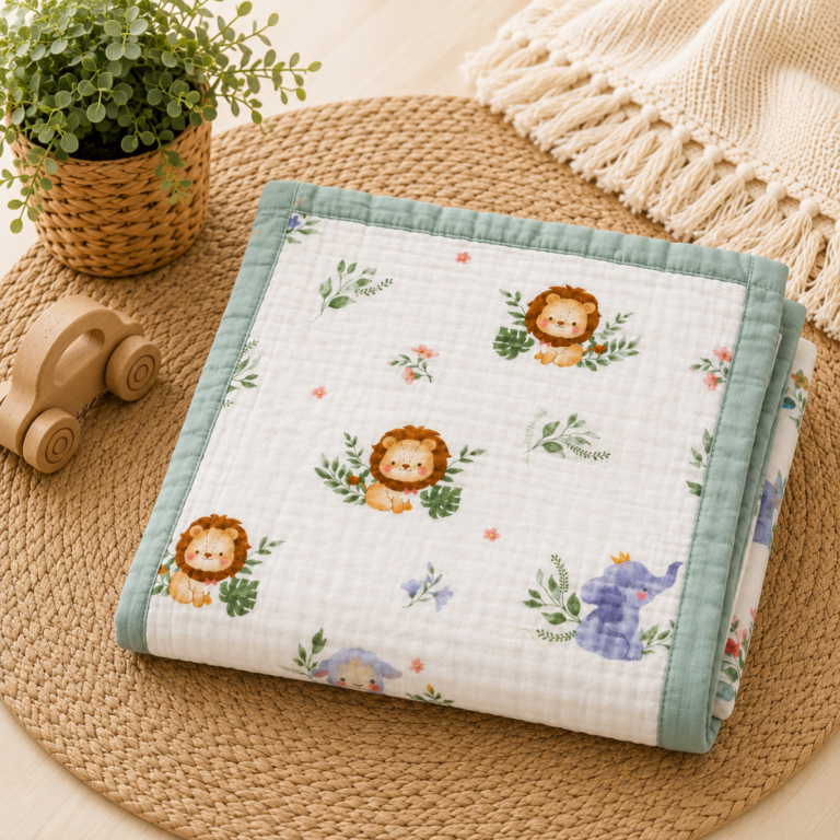 Premium 6-Layer Crinkled Muslin Blanket - Lion and Lamb (Sage Green)