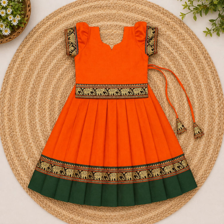 Narayanpet Cotton Pattu Pavadai – Orange & Green