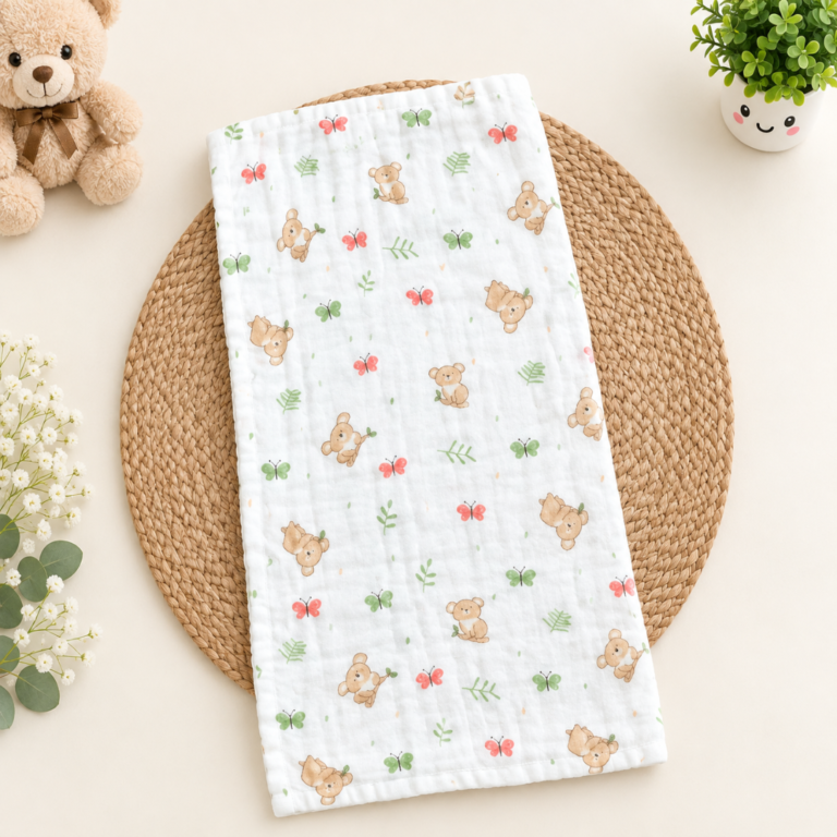 Crinkled Muslin Burp Cloth - Teddy and Butterfly