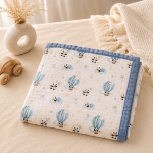 Premium 6-Layer Crinkled Muslin Blanket - Panda (Blue)