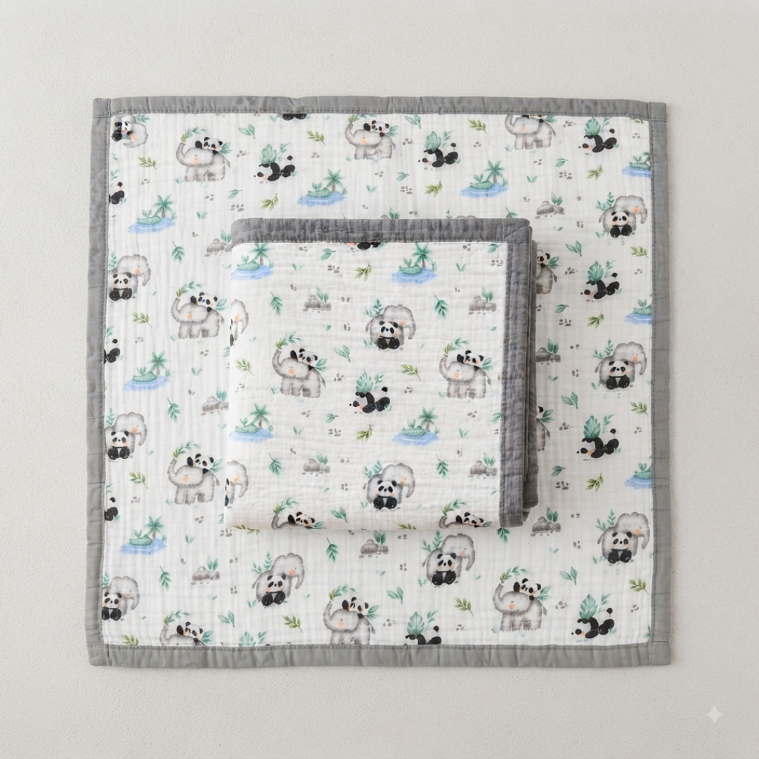 Premium 6-Layer Crinkled Muslin Blanket - Panda (Grey) - Image 2