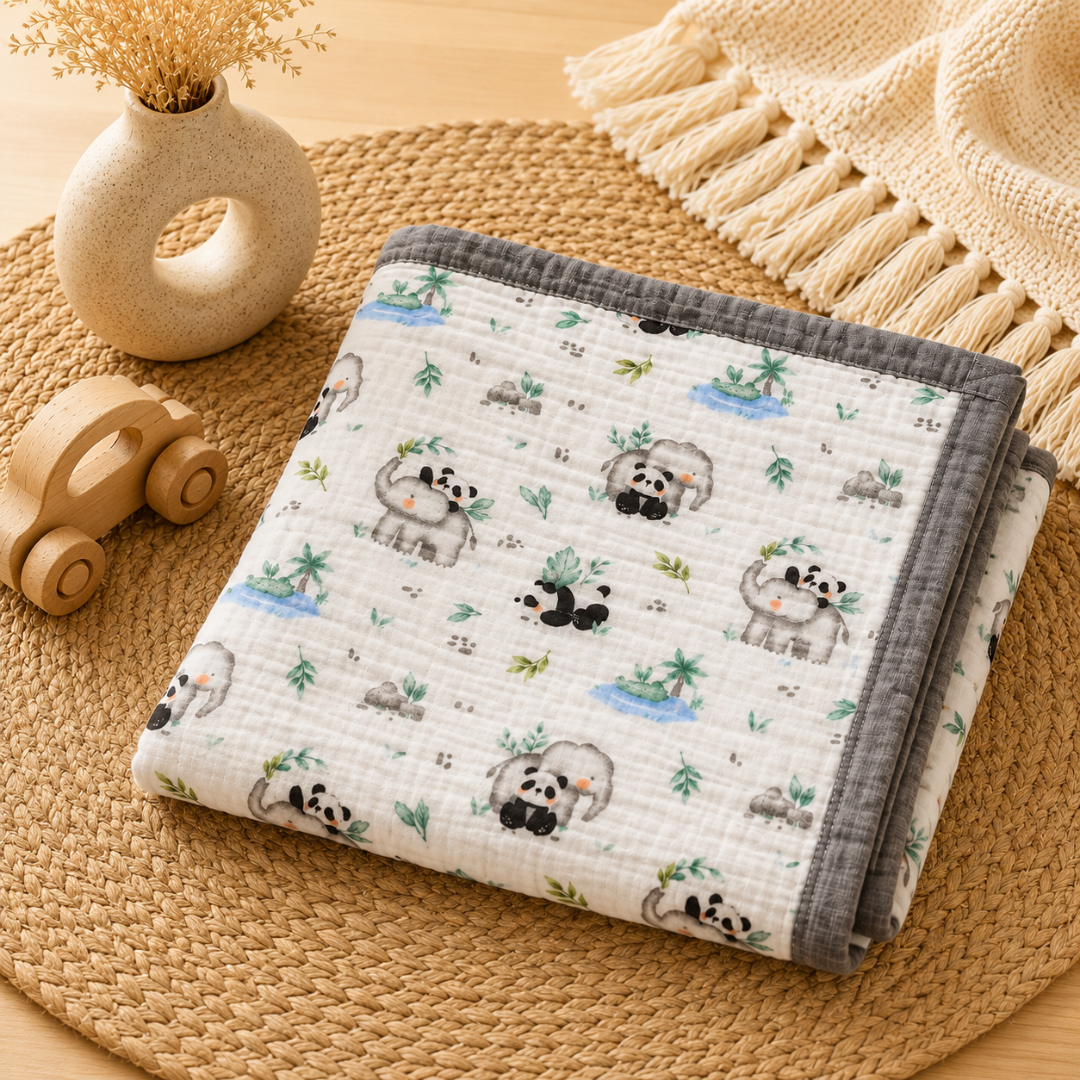 Premium 6-Layer Crinkled Muslin Blanket - Panda (Grey)