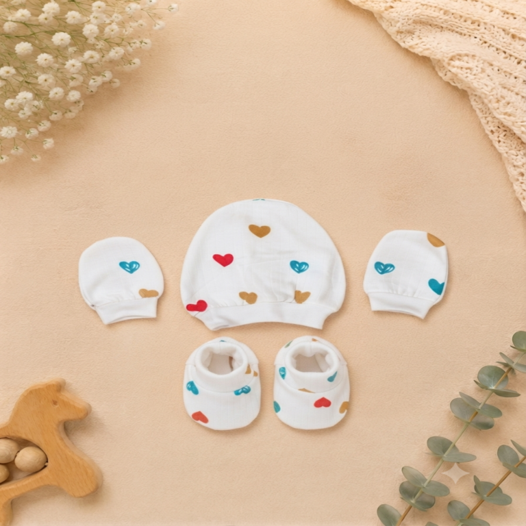 Caps,Mittens and Booties - Heart Print