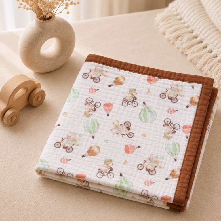 Premium 6-Layer Crinkled Muslin Blanket - Hot Air Balloon and Bicycle (Brown)