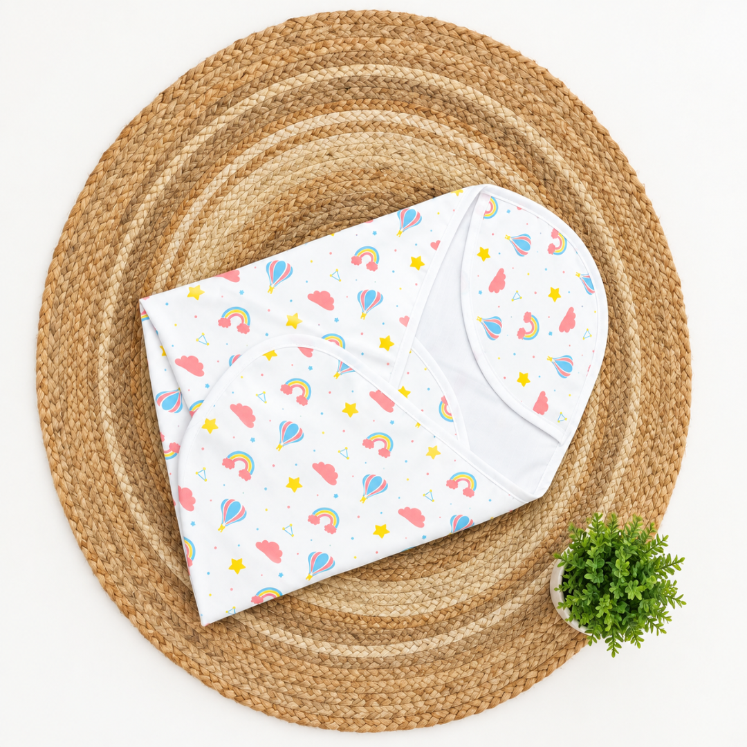 Muslin Hooded Towel - Hot Air Balloon,Rainbow,Cloud and Star Print