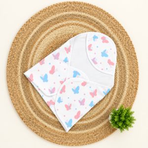 Muslin Cotton Hooded Towel - Pink and Blue Butterfly Print