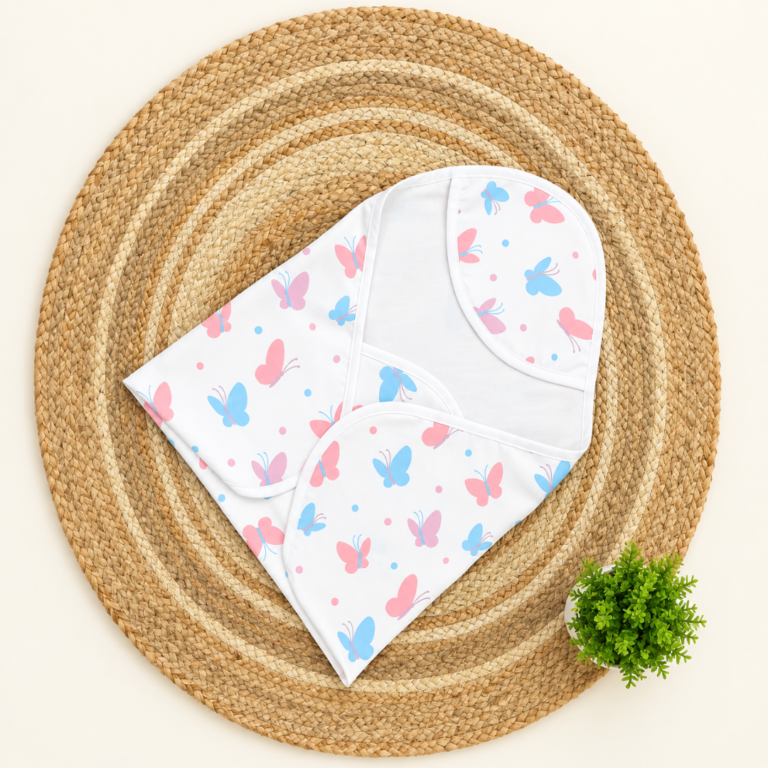 Muslin Cotton Hooded Towel - Pink and Blue Butterfly Print